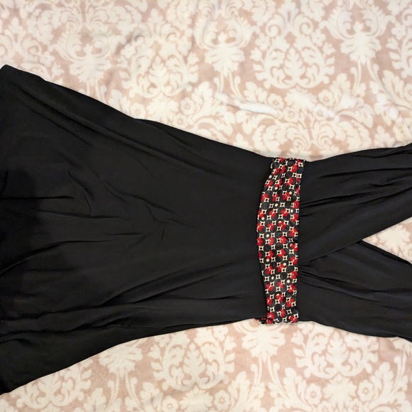 Roulette Black V-Neck Dress-Red Patterned Silky Sash-Size Medium-Cap Sleeves - Picture 1 of 11